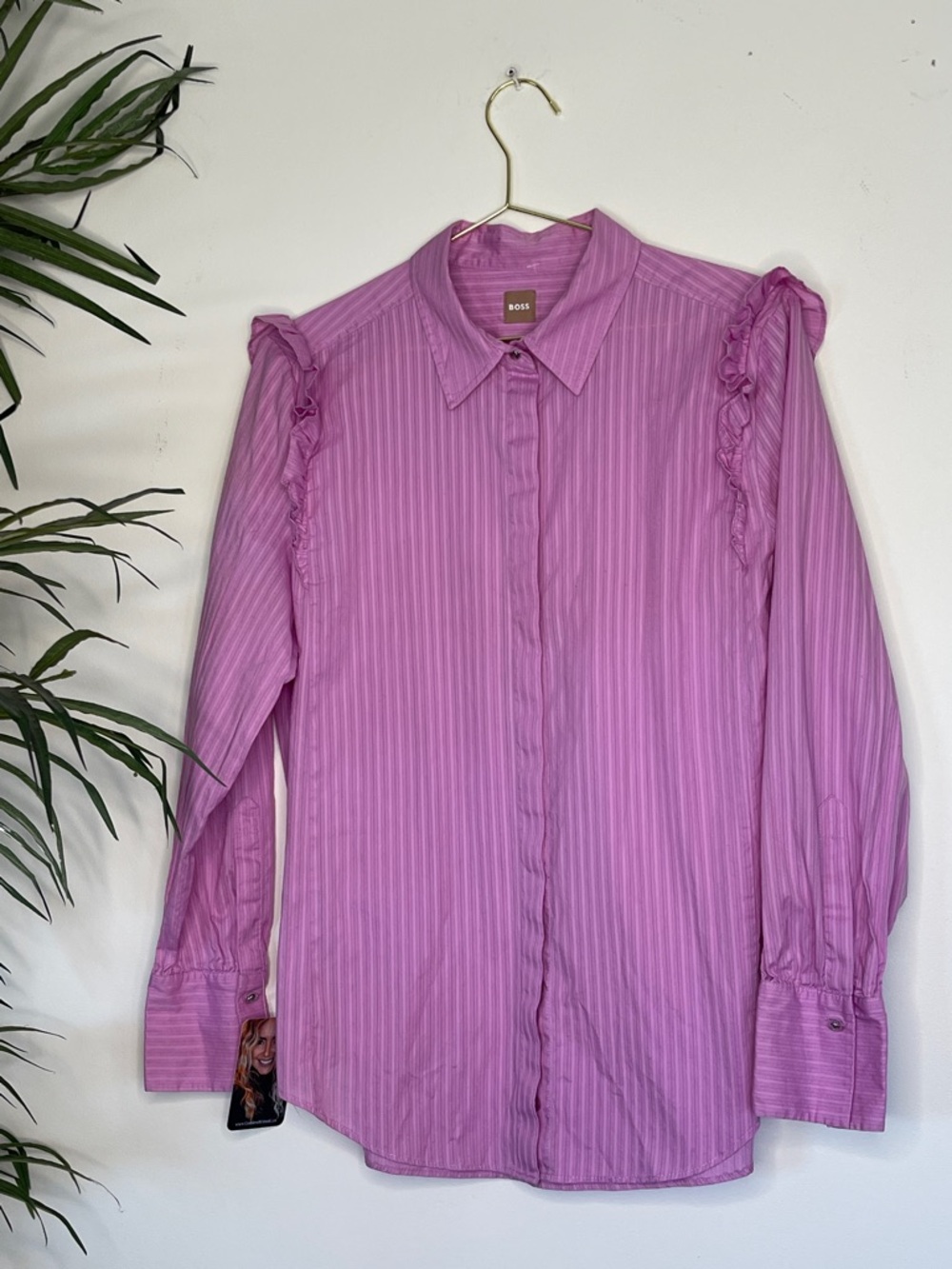 323. BOSS Hugo Boss | Ruffle Shoulder Button Down | Tailored  | Purple | 21/28